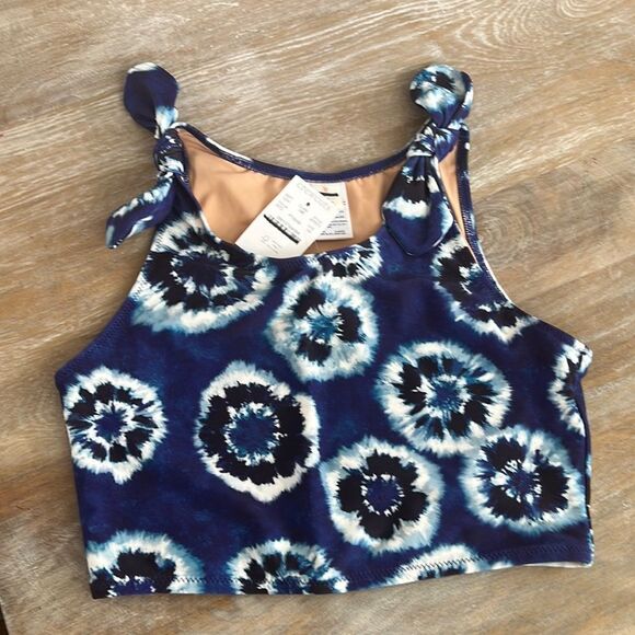 J Crew Crewcuts Swimsuit‎ Size 14 Blue White Tie Shoulder Bikini Top - Picture 1 of 6